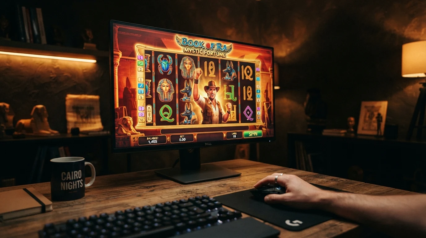 Der Spielbildschirm von Book of Dead mit den fünf Walzen, ägyptischen Symbolen, Rich Wilde als Entdecker-Figur und dem Expanding-Symbol-Feature in Aktion