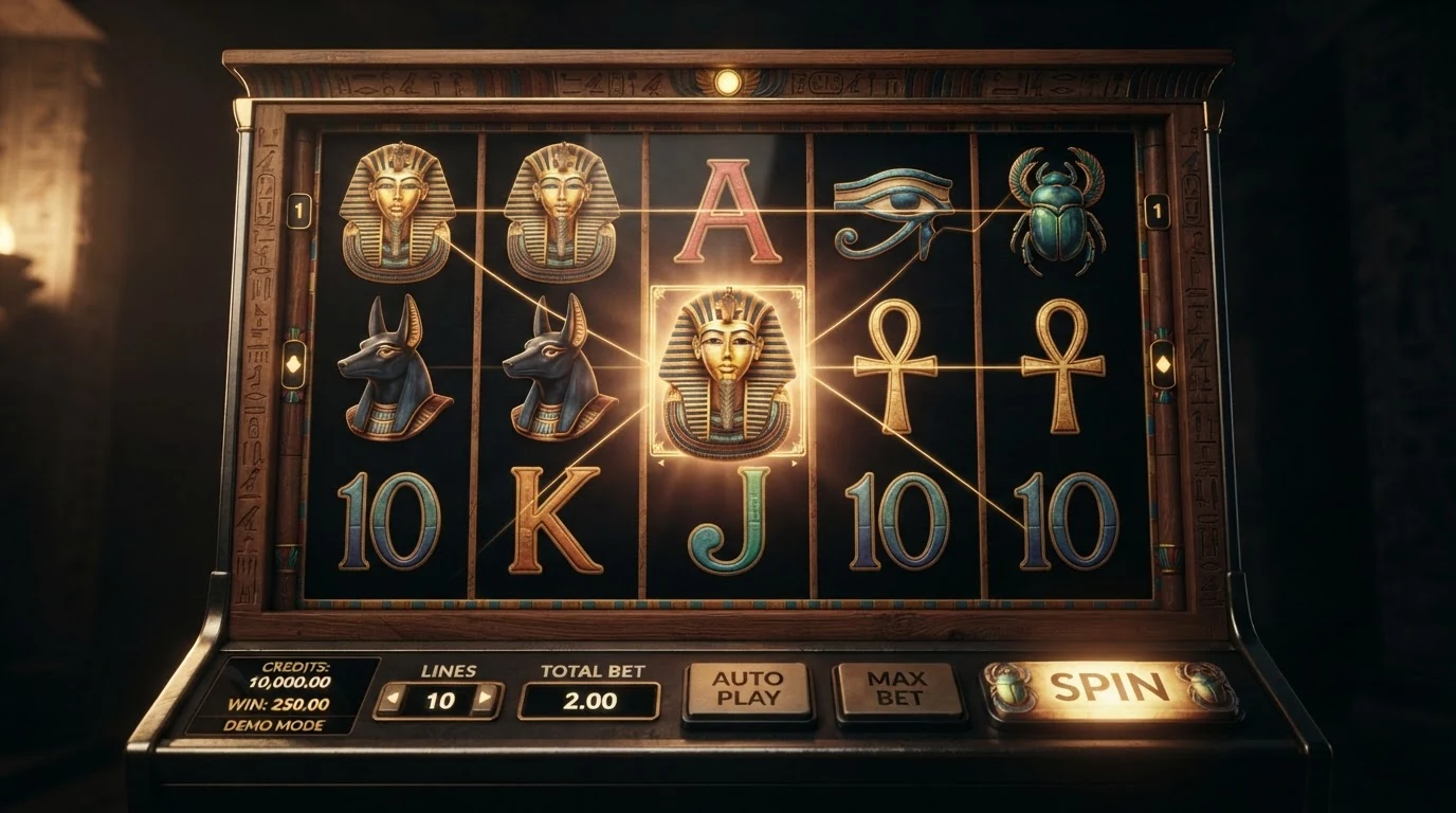 Book of Ra Deluxe Spielautomat mit fünf Walzen und zehn Gewinnlinien im Demo-Modus