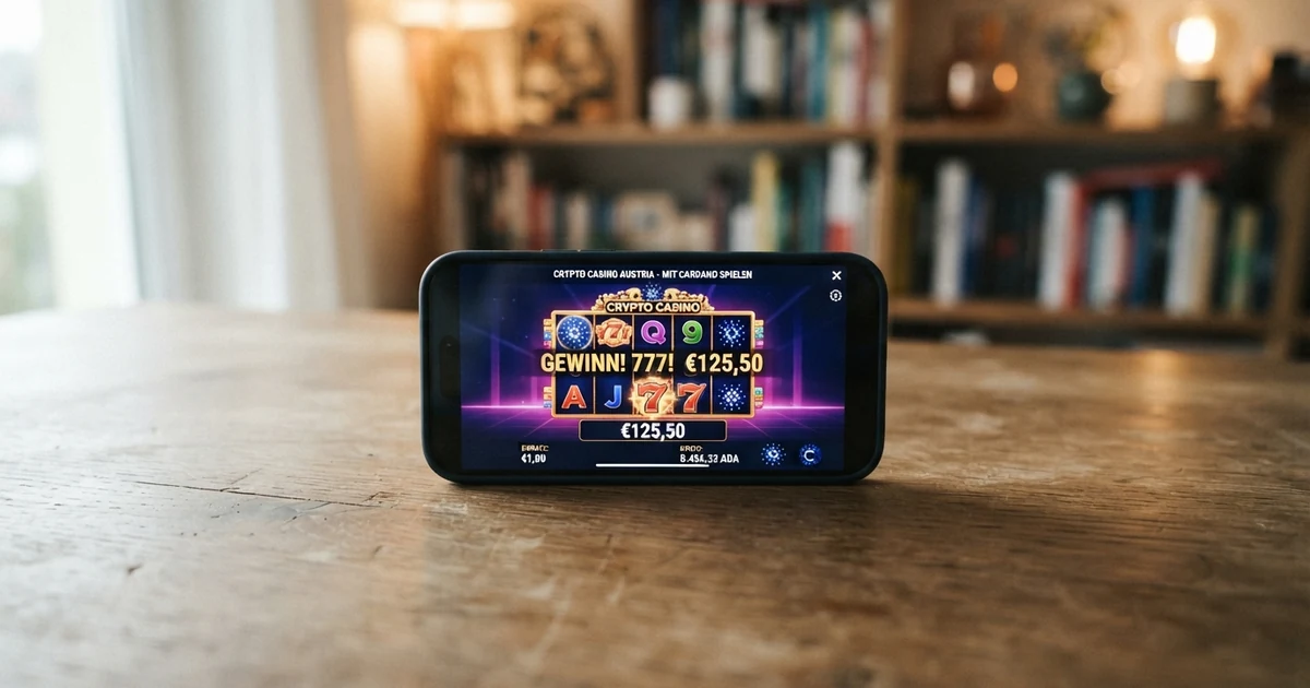 Blockchain-Netzwerkvisualisierung mit Cardano-Logo und Casino-Elementen im Hintergrund
