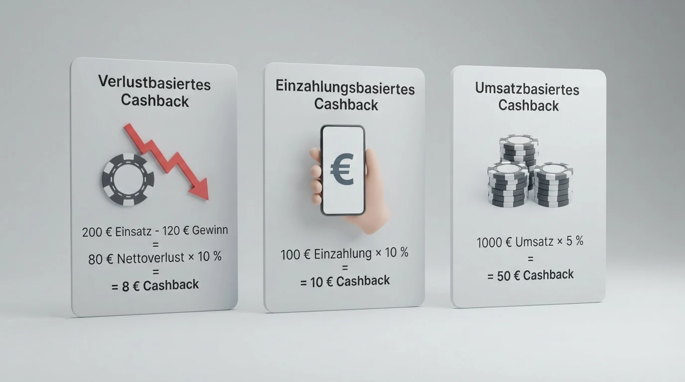Grafische Gegenüberstellung der drei Cashback-Berechnungsmodelle: Verlust-Cashback, Einzahlungs-Cashback und Umsatz-Cashback mit beispielhaften Euro-Beträgen