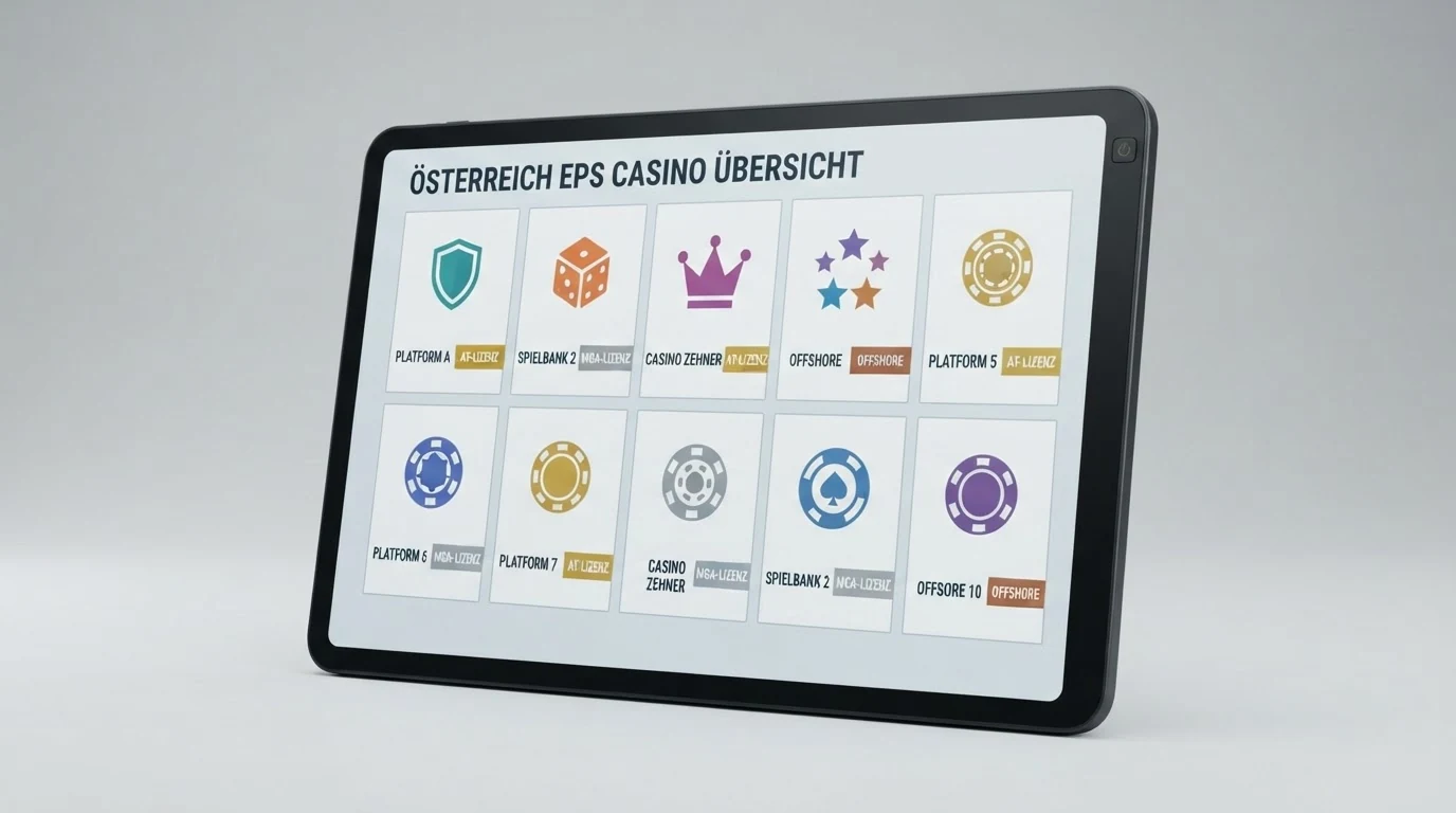 Übersichtliche Kachel-Darstellung der zehn verglichenen EPS-Casinos mit farblicher Kennzeichnung nach Lizenztyp