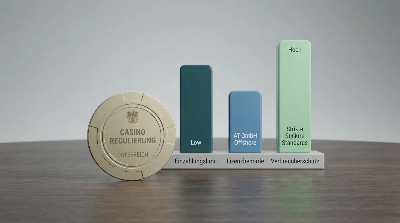 Eine Übersichtstabelle mit Casino-Logos, farblich markiert nach AT-Konzession (grün) und Offshore-Lizenz (grau)