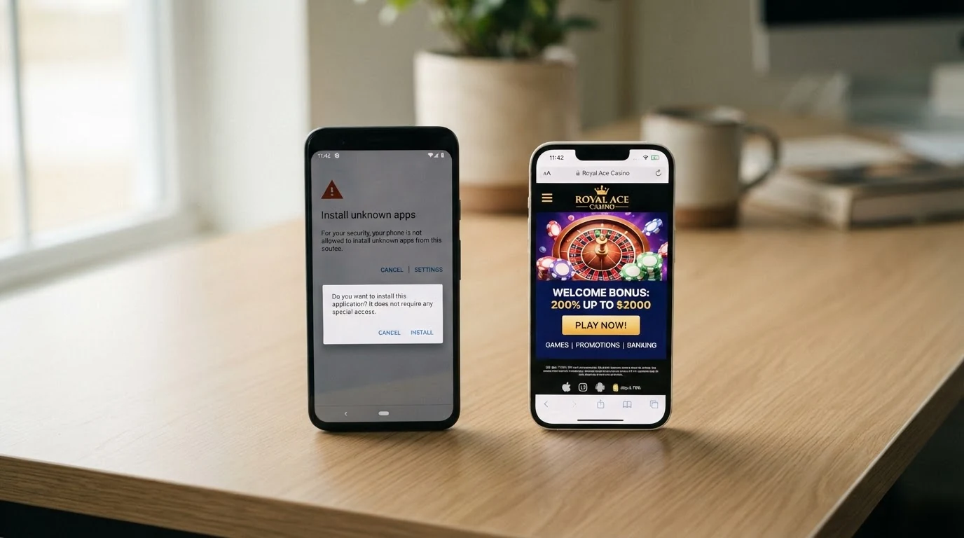 Ein Android-Smartphone-Bildschirm mit dem Dialog zur APK-Installation aus unbekannten Quellen, daneben ein iPhone mit Safari-Browser und Casino-Webseite