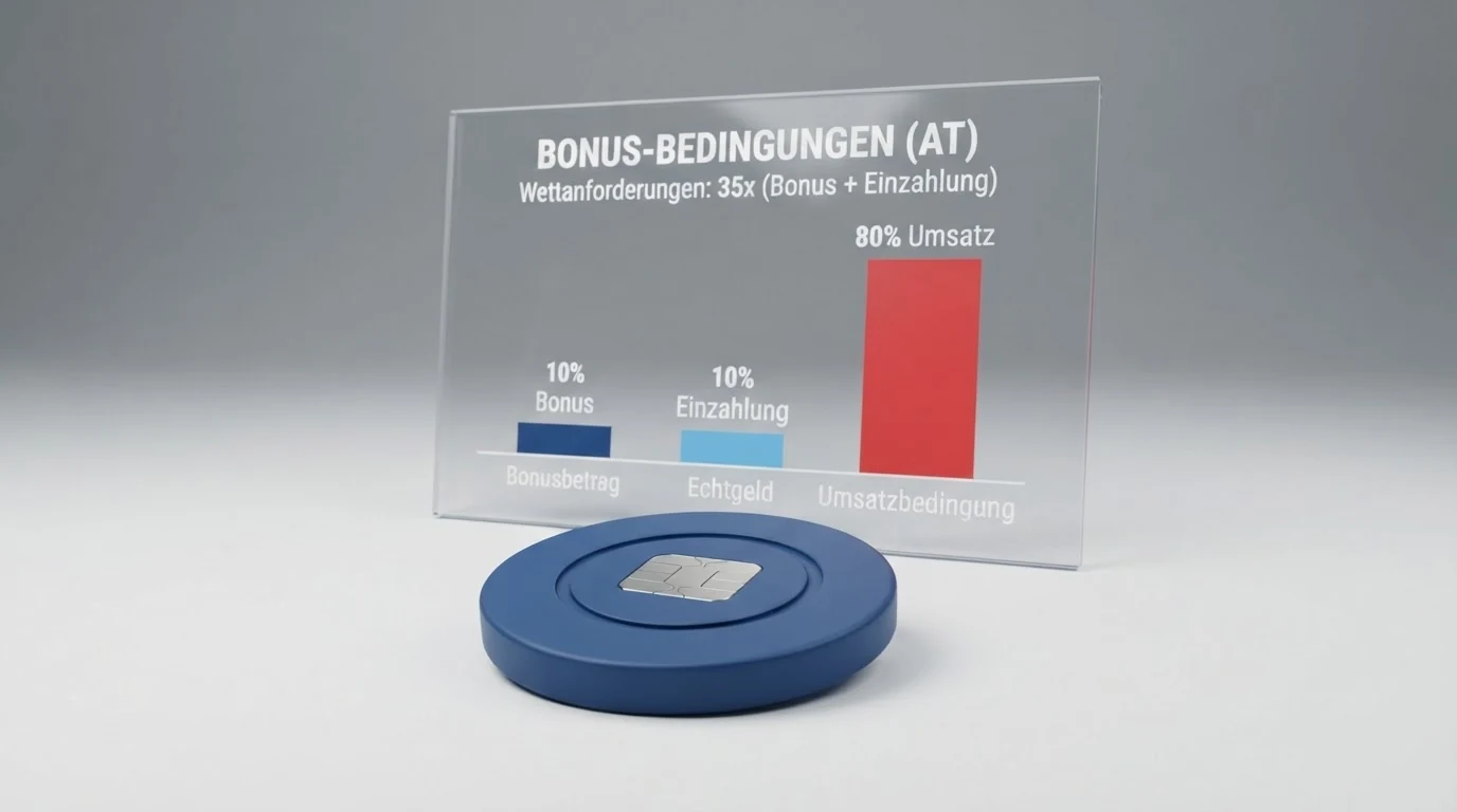 Nahaufnahme eines Bildschirms mit Bonus-Angebot und hervorgehobenem Kleingedruckten zu den Umsatzbedingungen