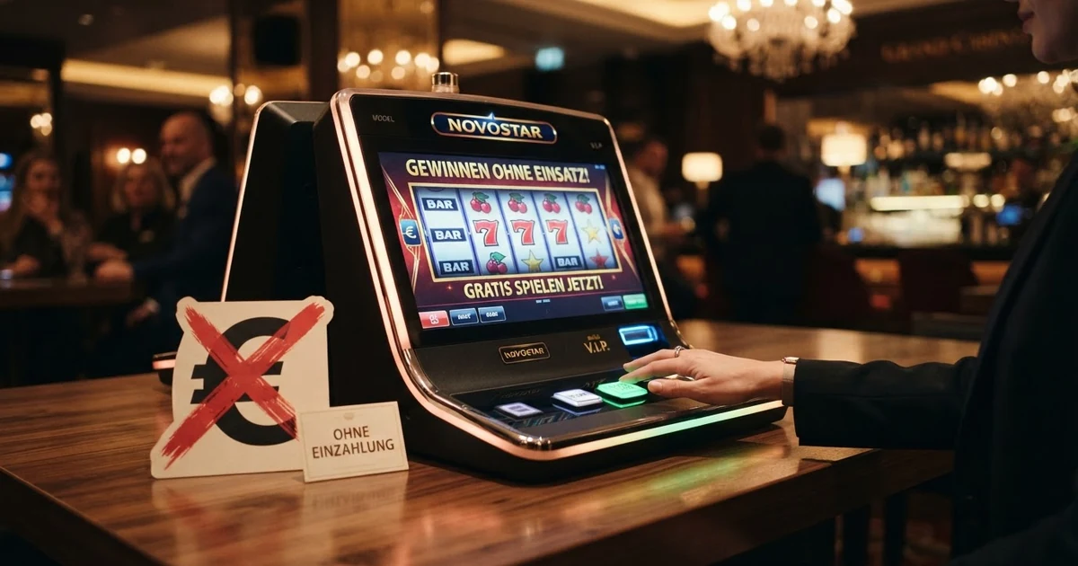 Ein Spielautomat mit leuchtenden Walzen, daneben ein durchgestrichenes Euro-Zeichen und der Text „Ohne Einzahlung“ — das Bild illustriert das Gratis-Versprechen, um das sich der gesamte Artikel dreht.