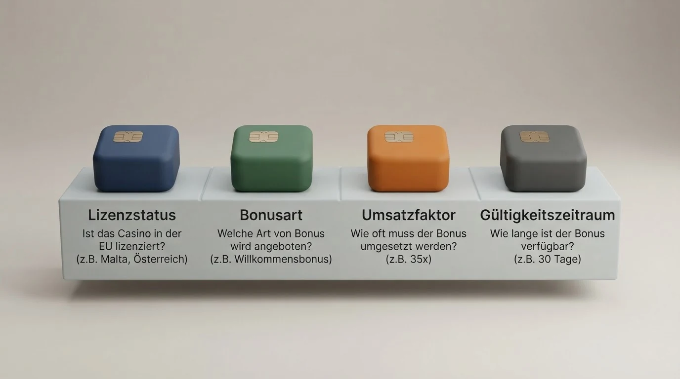 Eine Übersichtstabelle mit Casino-Logos, daneben die vier verglichenen Kennzahlen Lizenz, Bonus, Umsatzfaktor und Gültigkeit