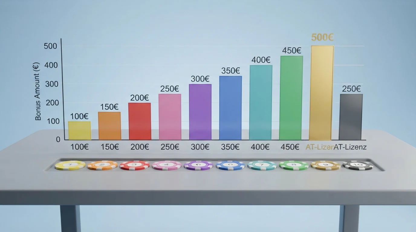 Eine übersichtliche Vergleichstabelle mit Casino-Logos, Bonusbeträgen und einem hervorgehobenen österreichischen Konzessionssiegel bei einem Anbieter