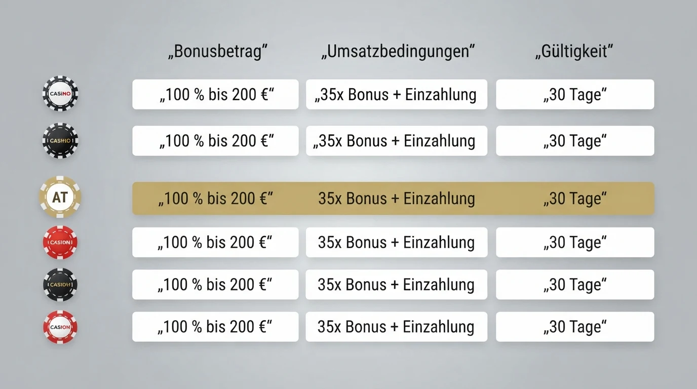 Eine übersichtliche Vergleichstabelle mit den zehn geprüften Anbietern: Spalten für Anbieter-Name, AT-Konzession, Bonus-Betrag, Umsatzbedingungen und Gültigkeit, mit farblicher Hervorhebung des einzigen AT-konzessionierten Anbieters.