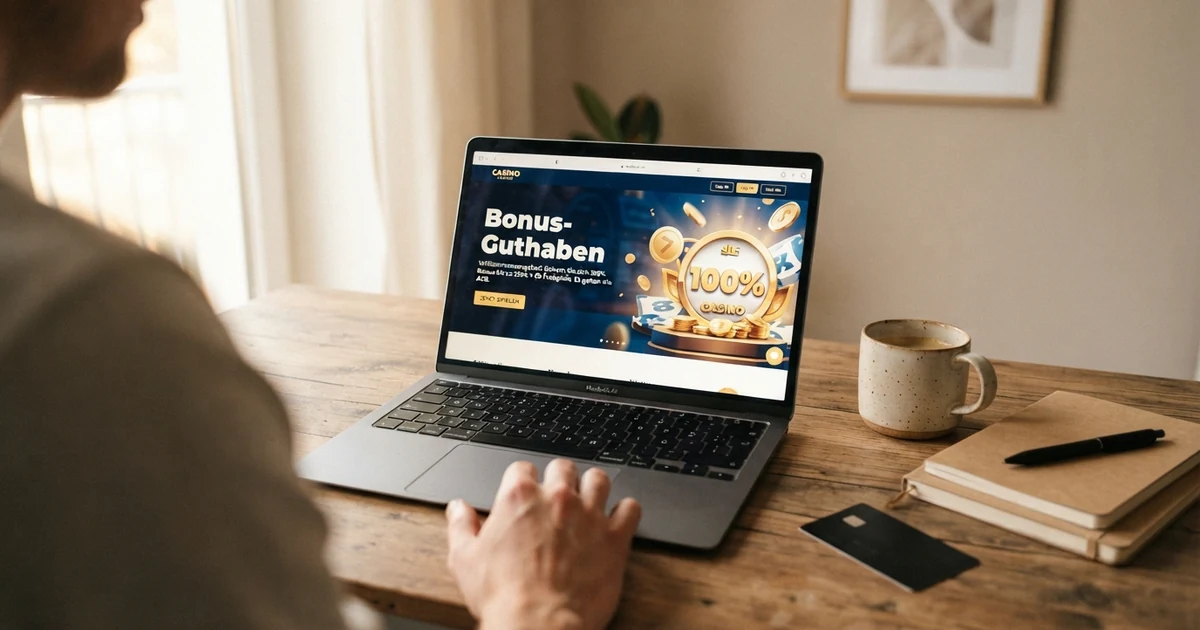Ein geöffneter Laptop zeigt ein Online-Casino mit einem hervorgehobenen Willkommensbildschirm — darauf der Text „Bonus-Guthaben“ und darunter in kleinerer Schrift die Umsatzbedingungen