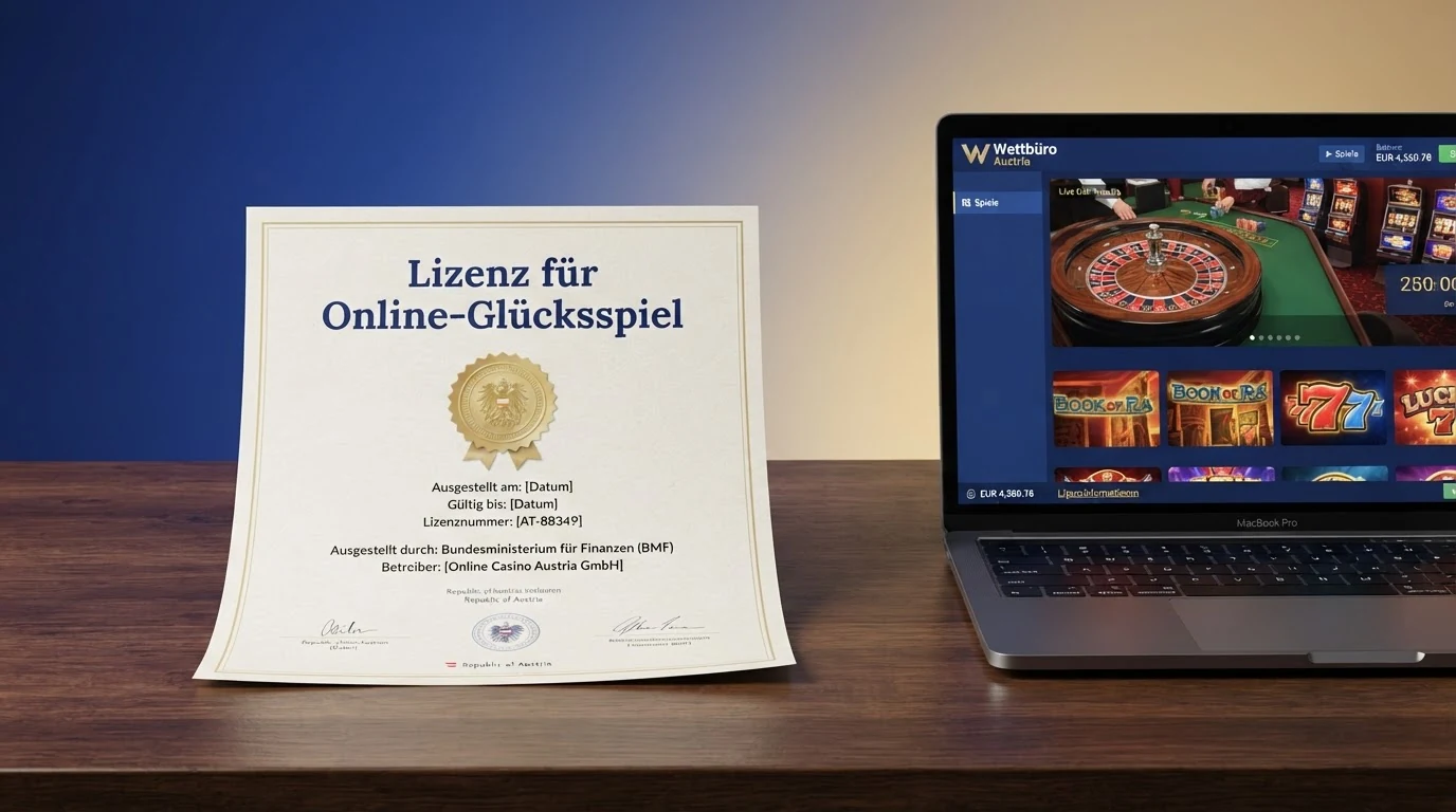 Ein offizielles Dokument mit österreichischem Siegel und ein Laptop mit Casino-Startseite — die Lizenzfrage bei Online-Casinos