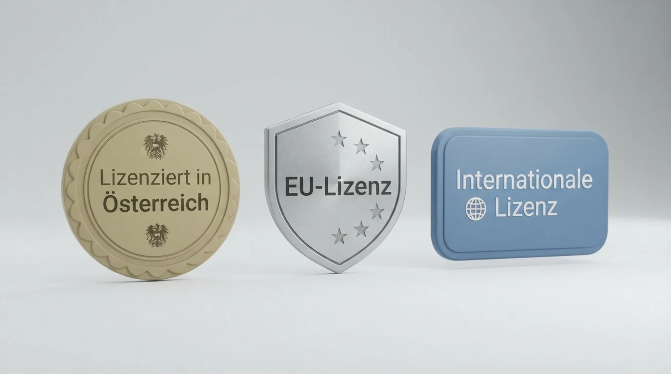 Drei Lizenzsiegel nebeneinander: Österreichische Konzession, MGA-Lizenz Malta, Curaçao GCB