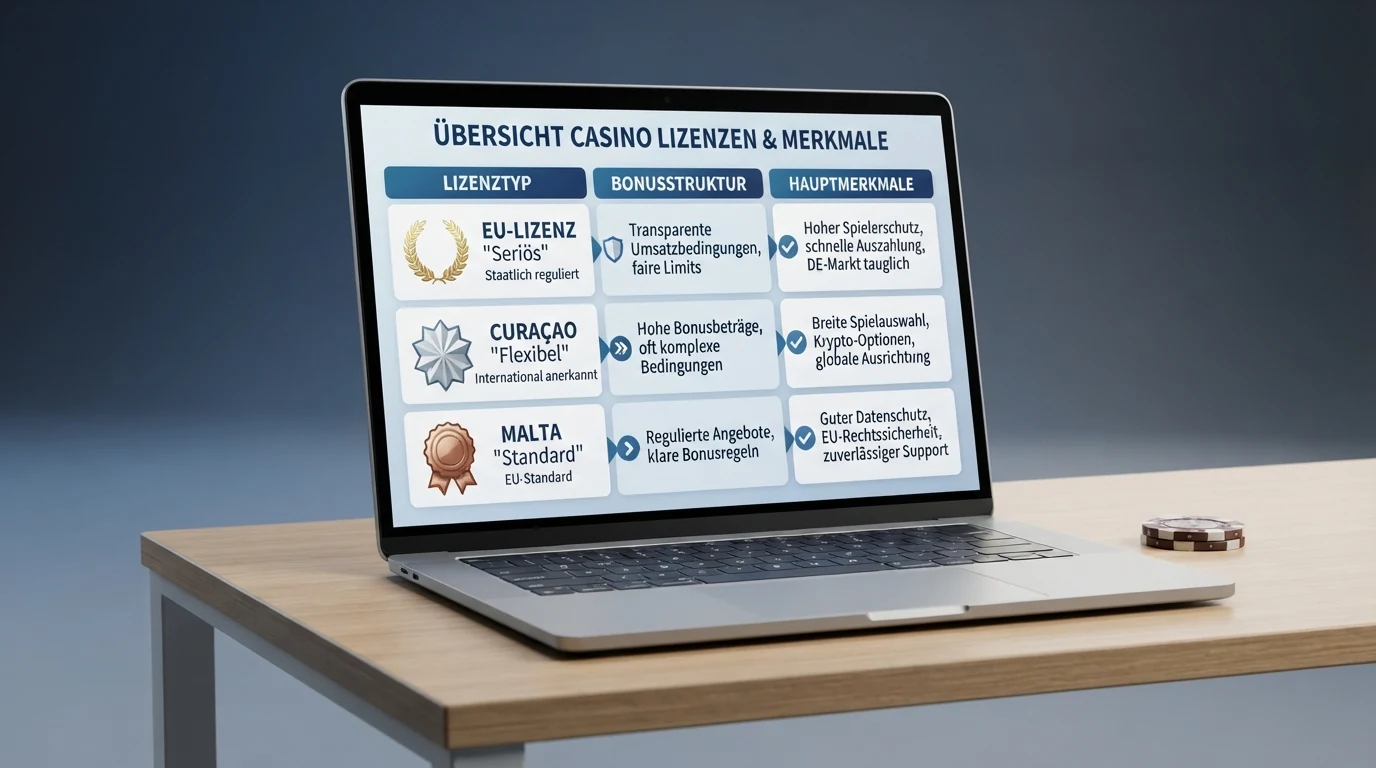 Laptop-Bildschirm mit einer Casino-Vergleichstabelle, die Operator-Logos, Bonus-Angaben und Lizenz-Informationen nebeneinander darstellt
