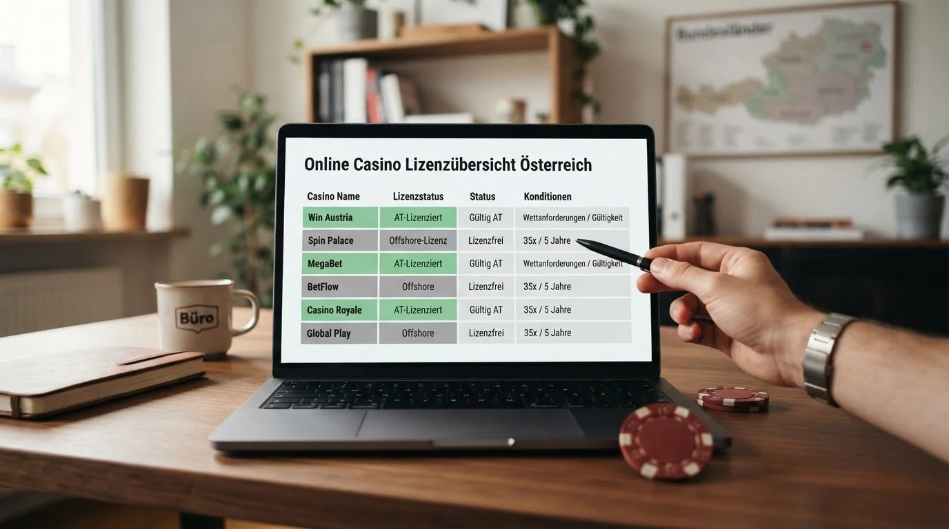 Eine tabellarische Übersicht mit Casino-Logos, farblich markiertem AT-Lizenzstatus und den Spalten Freispiele ohne Einzahlung, Umsatzbedingung und Gültigkeit