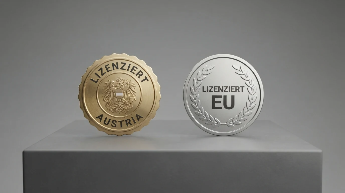 Zehn Casino-Logos in einer Reihe, das erste mit einem AT-Konzessionssiegel markiert, die übrigen neun mit MGA- bzw. Curaçao-Symbolen