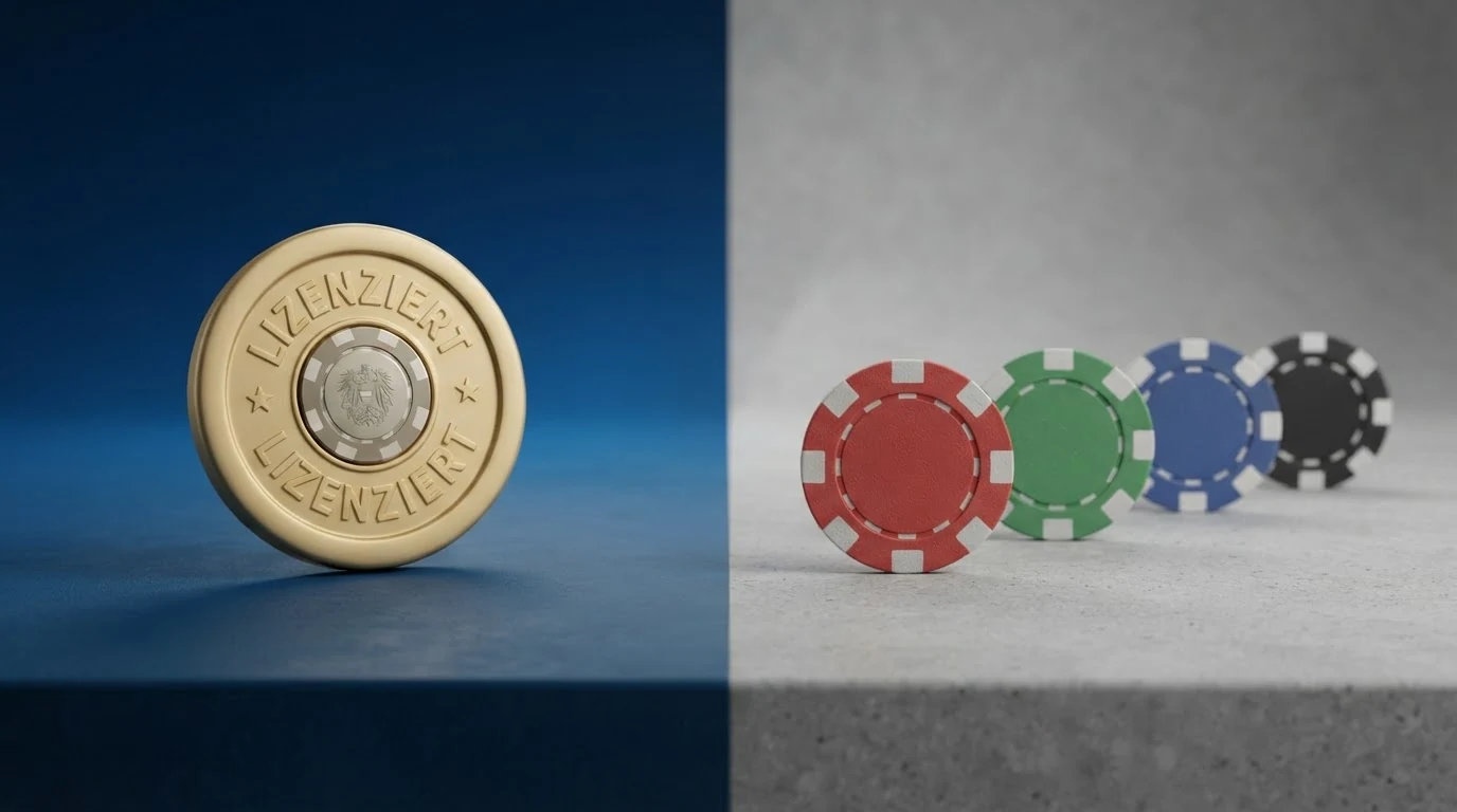 Zwei nebeneinanderliegende Spalten mit Casino-Logos, links unter dem Schriftzug „Österreichische Lizenz“, rechts unter „Offshore-Lizenz“
