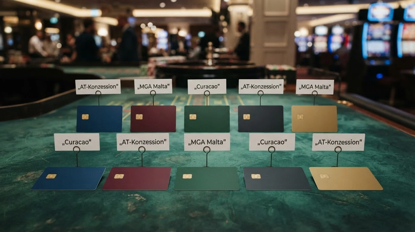 Visuelle Übersicht der zehn geprüften Casino-Marken mit ihrem jeweiligen Lizenzstatus für Österreich