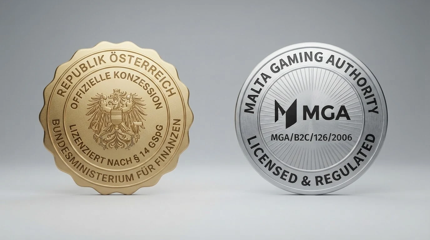 Eine vergleichende Darstellung: links das win2day-Logo mit dem BMF-Konzessionssiegel, rechts die MGA-Lizenzlogos der internationalen Anbieter