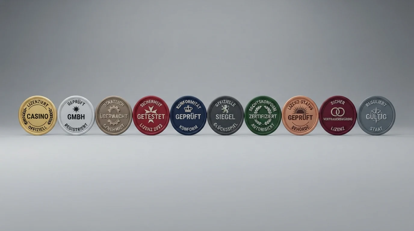 Zehn nebeneinander angeordnete Casino-Logos mit farblich markierten Lizenzsymbolen — ein grünes Häkchen mit „AT-Konzession“ bei einem Logo, orangefarbene Symbole mit „EU-Lizenz“ bei den übrigen neun