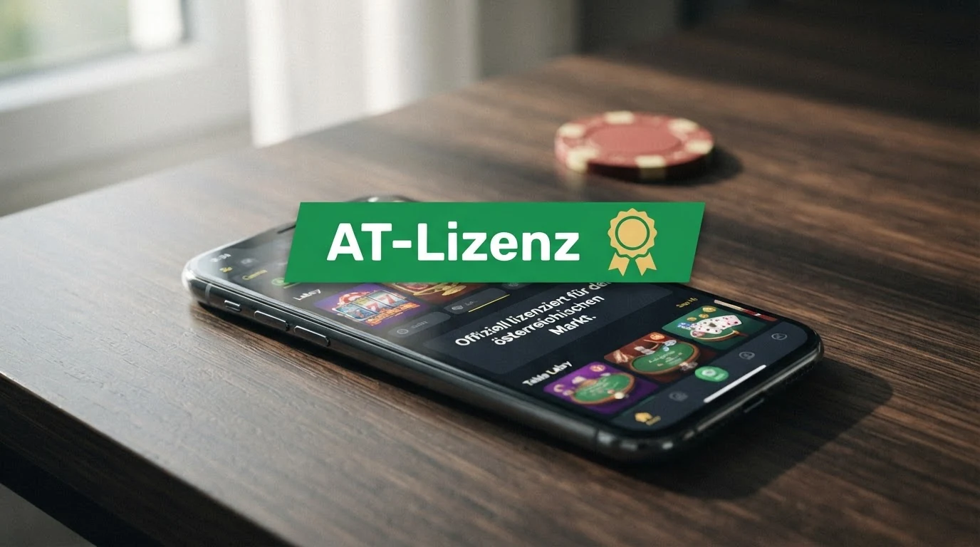 Eine Übersichtstabelle mit Casino-Logos und farblich markierten Lizenz-Status — eine Zeile in Grün (AT-Konzession), neun Zeilen in Gelb (MGA/Gibraltar).