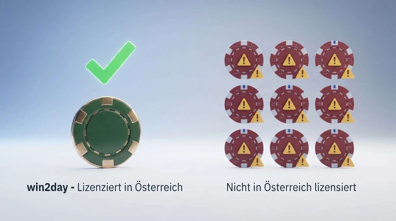 Eine grafische Übersicht mit zehn Casino-Logos, gruppiert in zwei Spalten: links ein einzelnes Logo mit grünem Haken für „Österreichische Konzession“, rechts neun Logos mit gelbem Hinweis auf MGA-, Curaçao- und Gibraltar-Lizenzen.