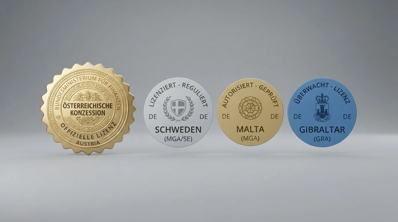 Eine Übersichtstabelle mit Casino-Logos und den zugehörigen Lizenzsiegeln aus Österreich, Malta und Gibraltar
