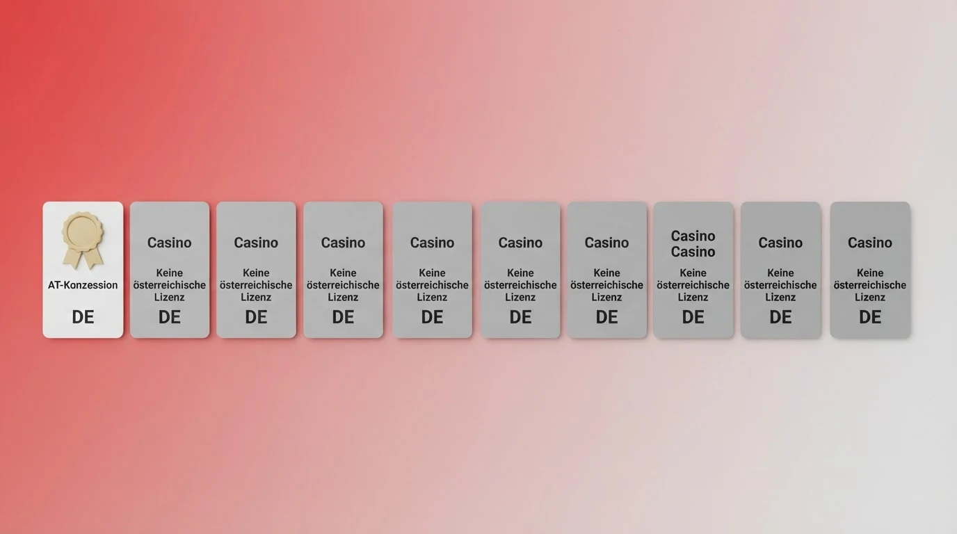 Zehn Casino-Logos in einer Übersicht, farblich getrennt: ein Logo grün markiert mit „AT-Konzession“, neun Logos grau mit „Keine AT-Konzession“