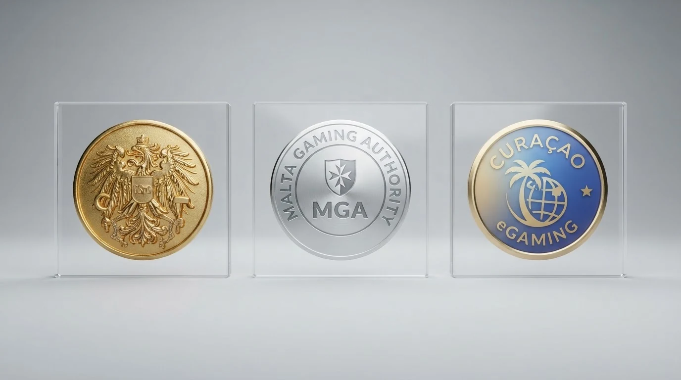Drei stilisierte Lizenz-Siegel in einer Reihe: das österreichische Bundeswappen für die GSpG-Konzession, das MGA-Logo für Malta, und das Curaçao-eGaming-Siegel — darunter jeweils die Zahl der im Vergleich vertretenen Casinos