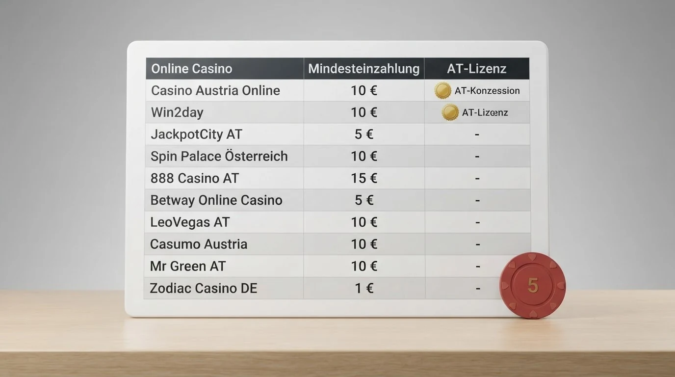 Vergleichstabelle mit Casino-Namen, Mindesteinzahlungsbeträgen und Lizenzstatus — ein Anbieter mit AT-Konession, neun mit Curaçao-Lizenz