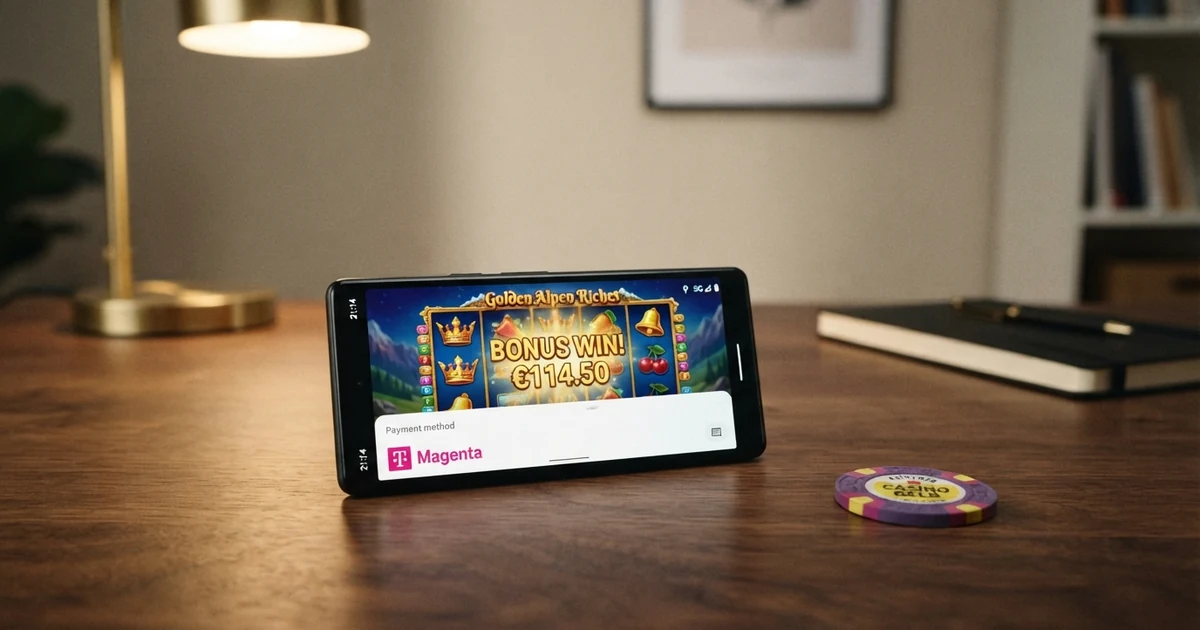 Ein Smartphone mit geöffneter Casino-App und dem Magenta-Logo auf dem Bildschirm neben einer Kreditkarte als Kontrast