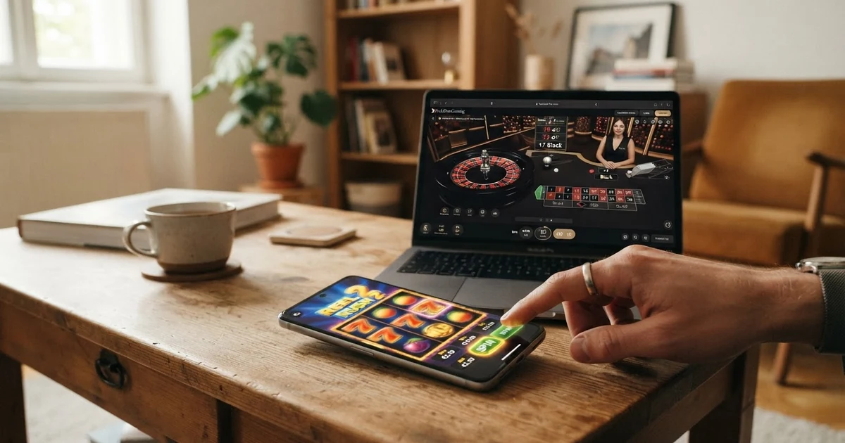 Nahaufnahme eines Laptops mit einer Casino-Startseite, daneben österreichische Euromünzen und ein Smartphone mit geöffneter Banking-App