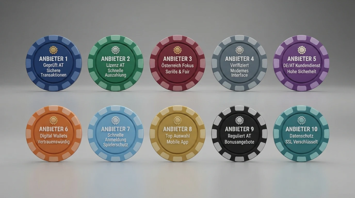 Übersichtstabelle mit Casino-Logos, farblich gruppiert nach Lizenzstatus (AT-Konzession vs. MGA vs. Gibraltar vs. Curaçao)