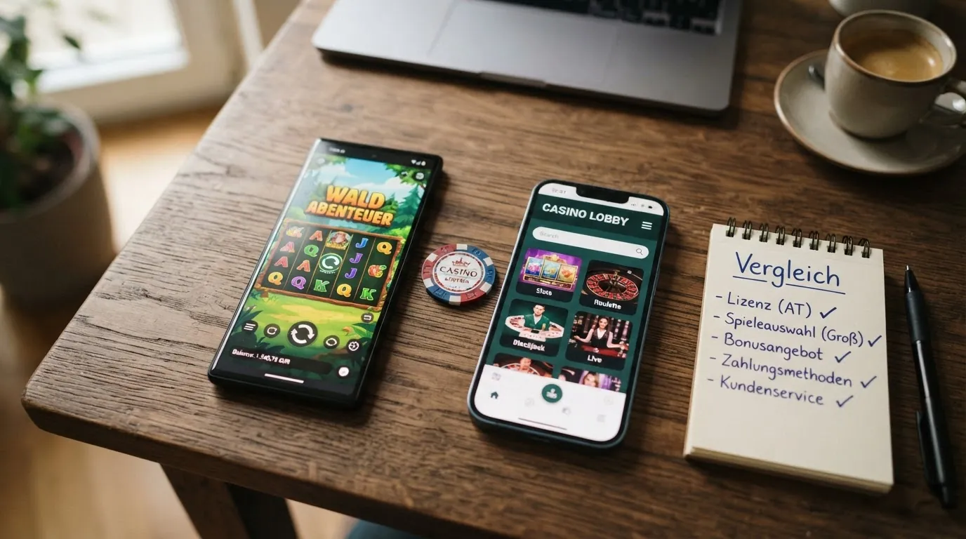 Eine tabellarische Übersicht der zehn Slot-Casinos mit Kennzeichnung des AT-Lizenzstatus und der wichtigsten Vergleichsmerkmale