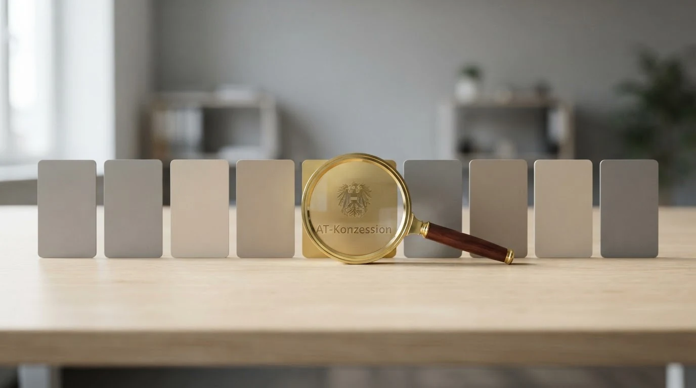Zehn Casino-Logos in einer Vergleichstabelle, farblich getrennt nach Lizenzstatus: ein Logo mit österreichischem Konzessions-Siegel, die übrigen neun mit dem Hinweis „Keine AT-Konzession“.