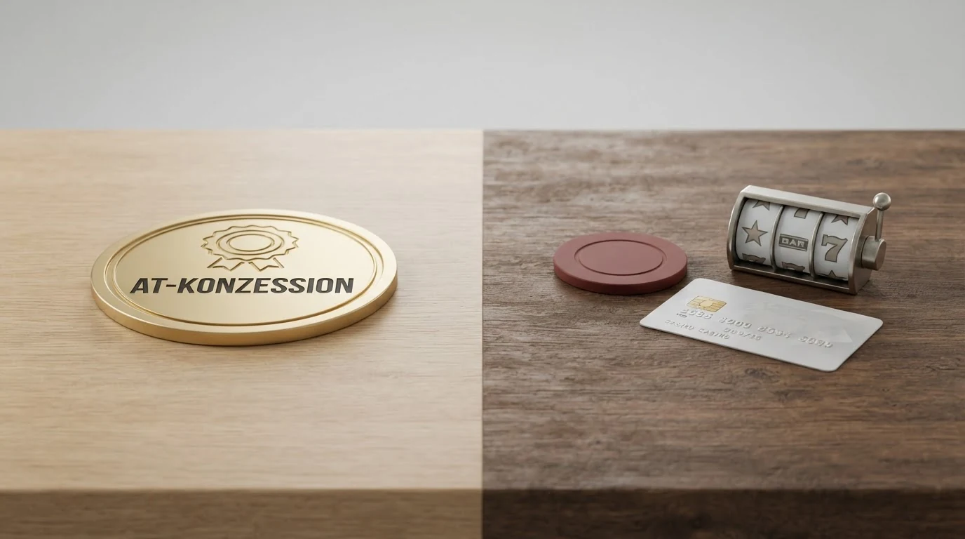 Eine zweigeteilte visuelle Darstellung: links das win2day-Logo mit dem Schriftzug „AT-Konzession“, rechts eine Auswahl internationaler Casino-Logos unter „Offshore/MGA“