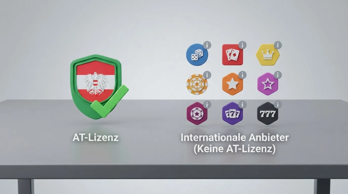 Eine übersichtliche Darstellung von zehn Casino-Logos in zwei Gruppen: links ein einzelnes Logo mit einem grünen Haken für „AT-Lizenz“, rechts neun Logos mit einem grauen Informationssymbol