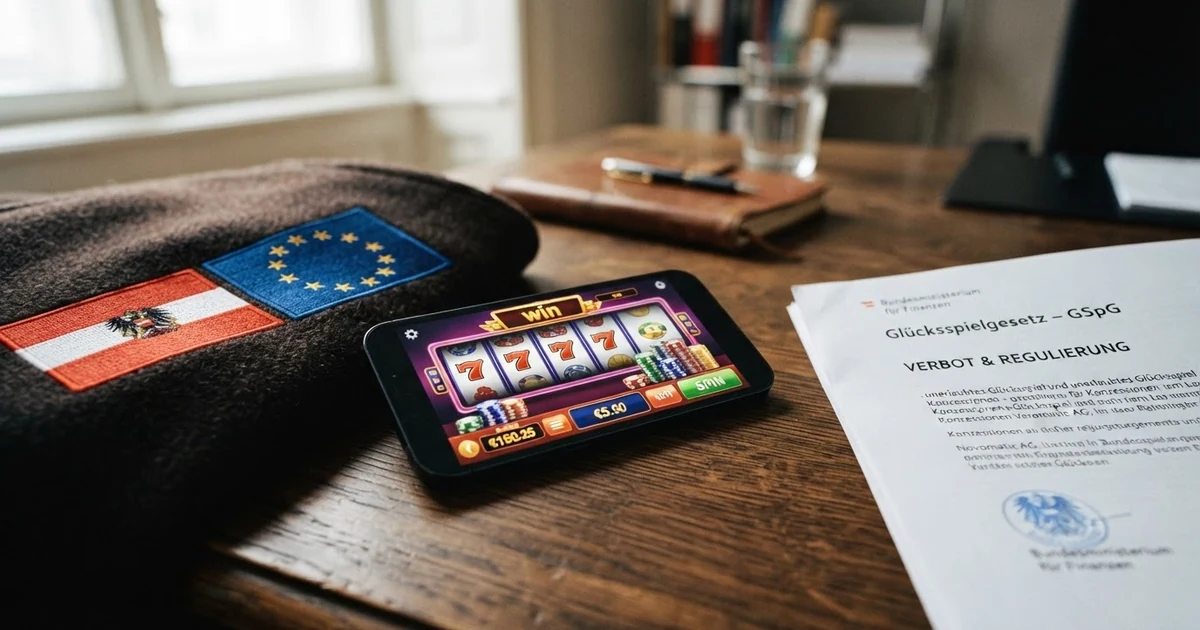 Österreichische Flagge und EU-Sterne neben einem Smartphone mit Casino-Oberfläche, im Hintergrund das BMF-Gebäude oder ein offizielles Dokument mit GSpG-Schriftzug