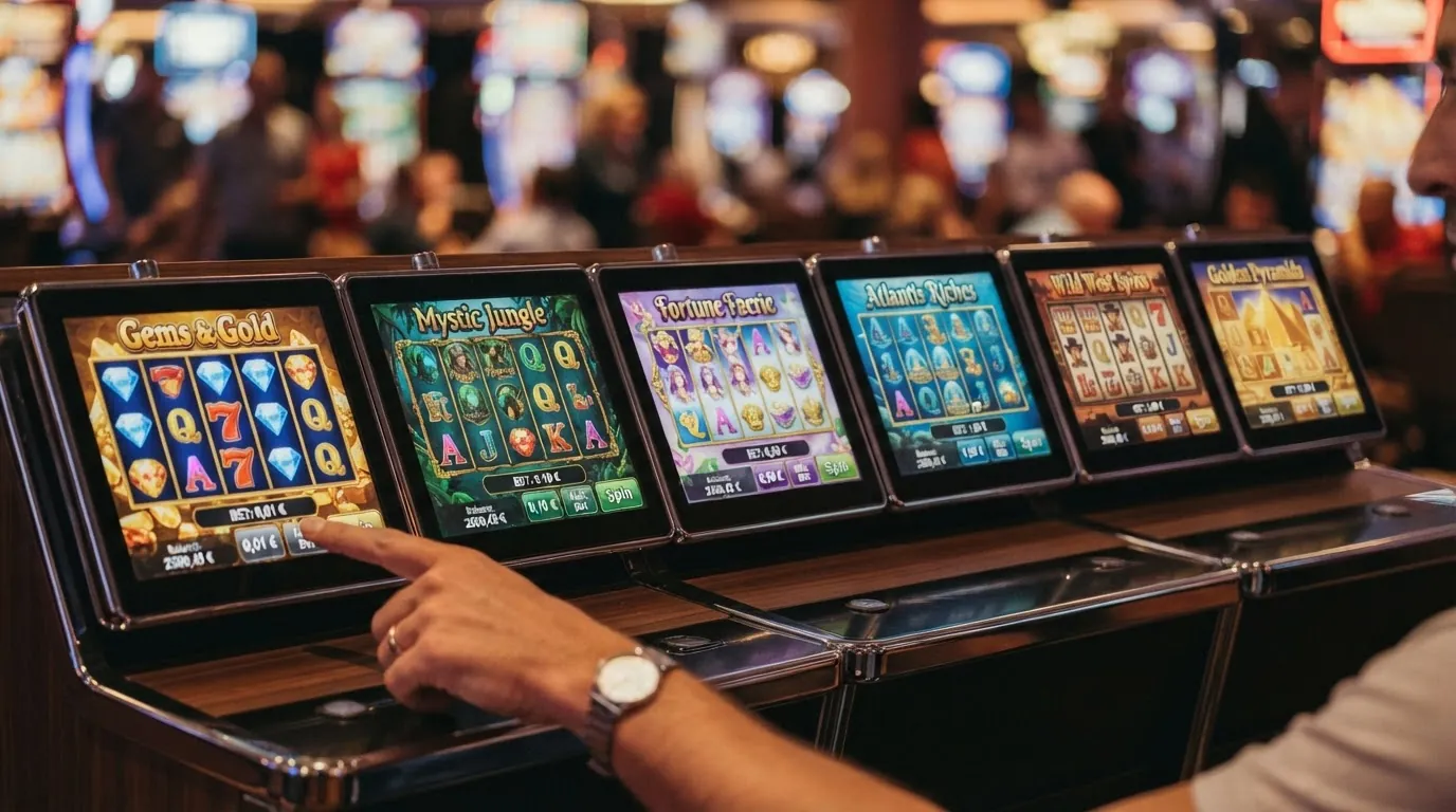 Sechs verschiedene Slot-Bildschirme mit Einsatzanzeigen von 0,01 € bis 10,00 € pro Spin in aufsteigender Reihenfolge