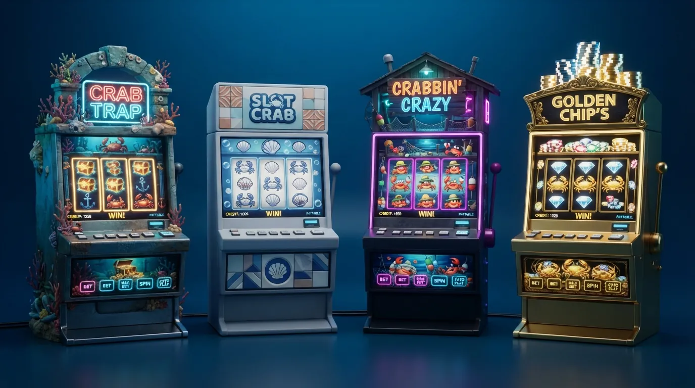 Vier Spielautomaten mit Krabben-Thema nebeneinander: Crab Trap, Slot Crab, Crabbin' Crazy und Cash & Crab mit ihren RTP-Werten
