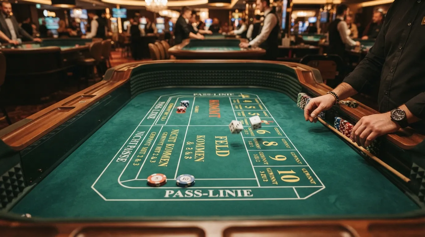 Die Aufsicht auf einen Craps-Spieltisch mit farblich markierten Wettfeldern für Pass Line, Don't Pass, Come und die Odds-Wette