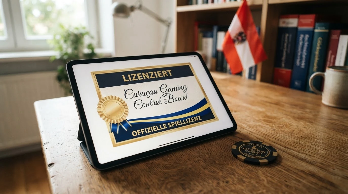 Curaçao-Lizenzsiegel neben einem Fragezeichen und einer österreichischen Flagge auf einem Bildschirm