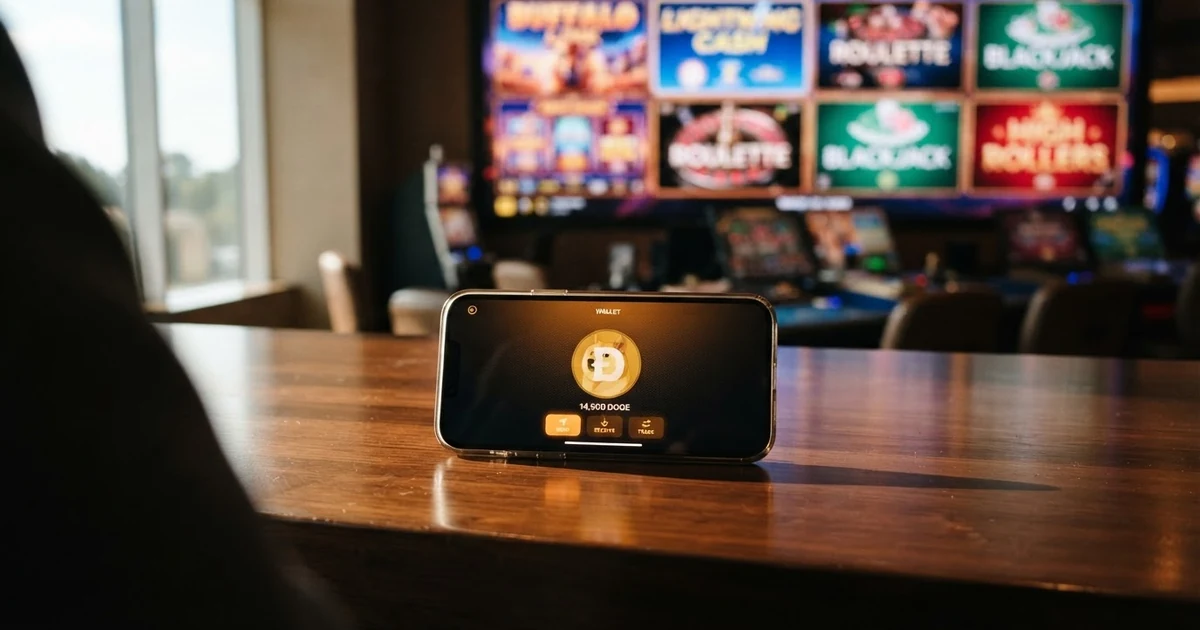 Eine digitale Geldbörse mit Dogecoin-Logo auf dem Bildschirm eines Smartphones, daneben eine Casino-Lobby mit Spielkacheln im Hintergrund