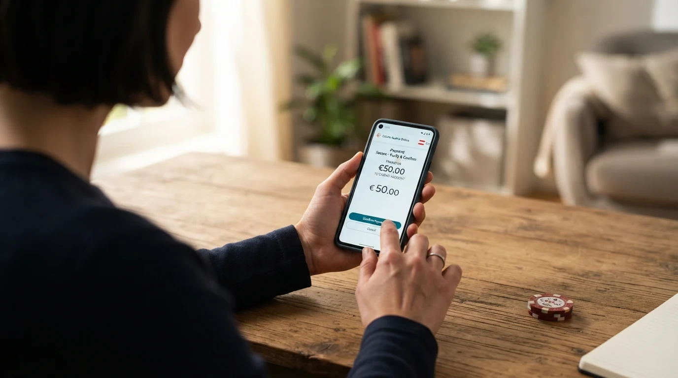 Nahaufnahme eines Smartphones mit geöffneter ecoPayz-App und Casino-Kasse im Hintergrund