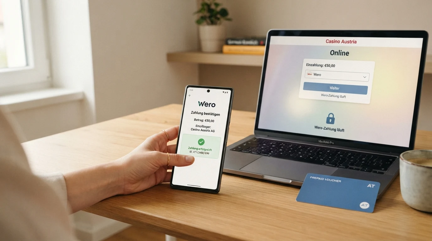 Schematische Darstellung des Wero-Einzahlungsvorgangs im Online Casino: Casino-Kassenbereich, Wero-App auf dem Handy und das Casino-Guthaben
