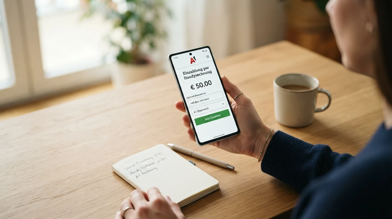 Die Schritte einer Drei-Casino-Einzahlung auf einem Smartphone-Display: Betrag auswählen, SMS-Code eingeben, Bestätigung erhalten