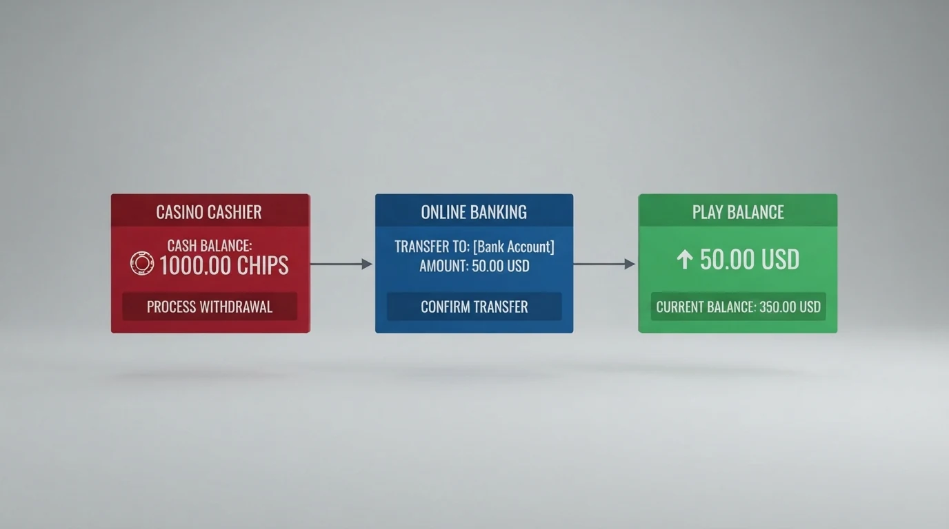 Eine schematische Darstellung des Einzahlungsprozesses per Banküberweisung in drei Stationen: Casino-Kasse, Online-Banking, Spielguthaben