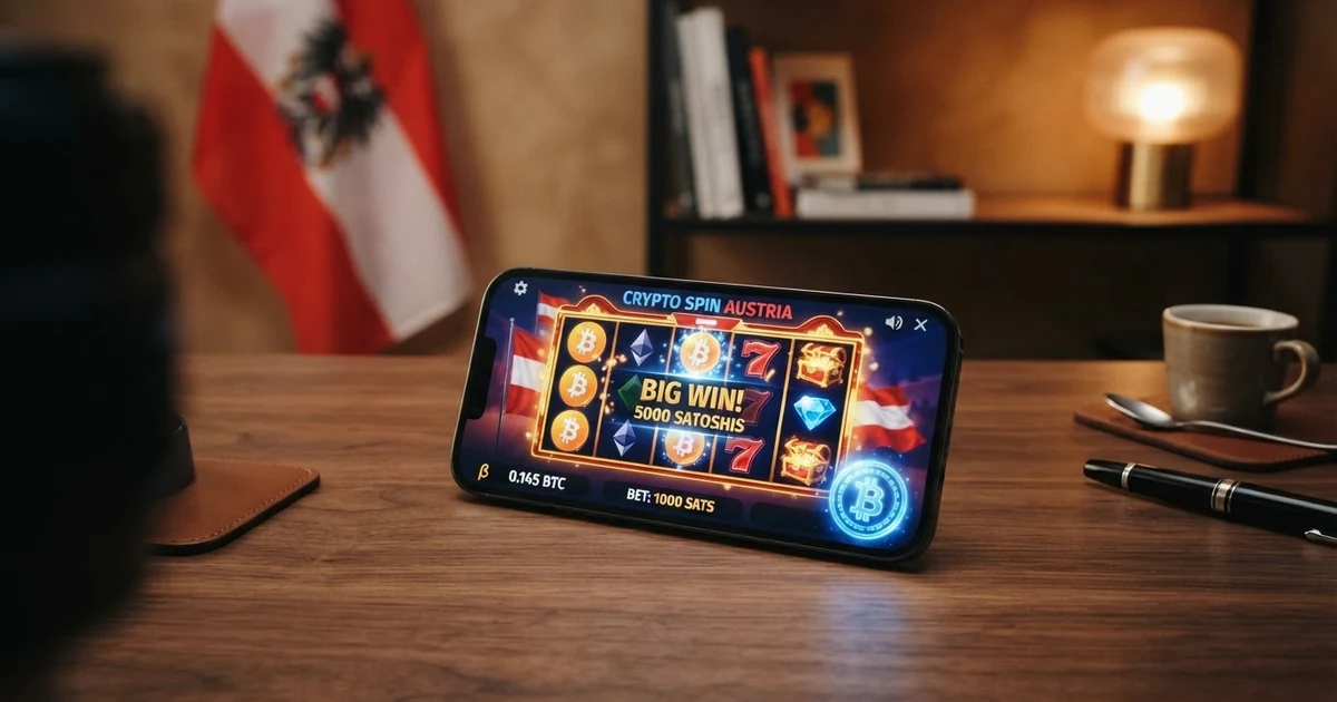 Ethereum-Logo auf einem Smartphone-Bildschirm mit Casino-Spielen im Hintergrund, Österreich-Flagge als Standort-Indikator