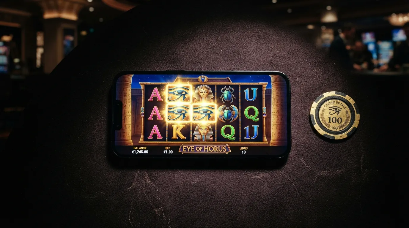 Der Eye-of-Horus-Slot mit geöffneter Freispielrunde: fünf Walzen, ägyptische Symbole und das Horus-Auge als expandierendes Wild-Symbol
