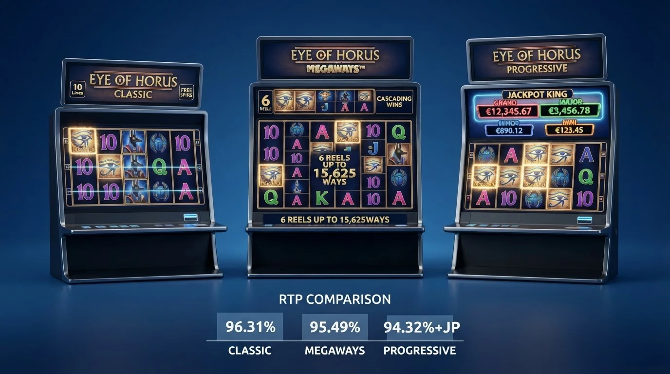 Die verschiedenen Eye-of-Horus-Versionen — Classic, Megaways und Jackpot King — mit ihren unterschiedlichen Walzen-Layouts und Gewinnweg-Anzeigen nebeneinander dargestellt