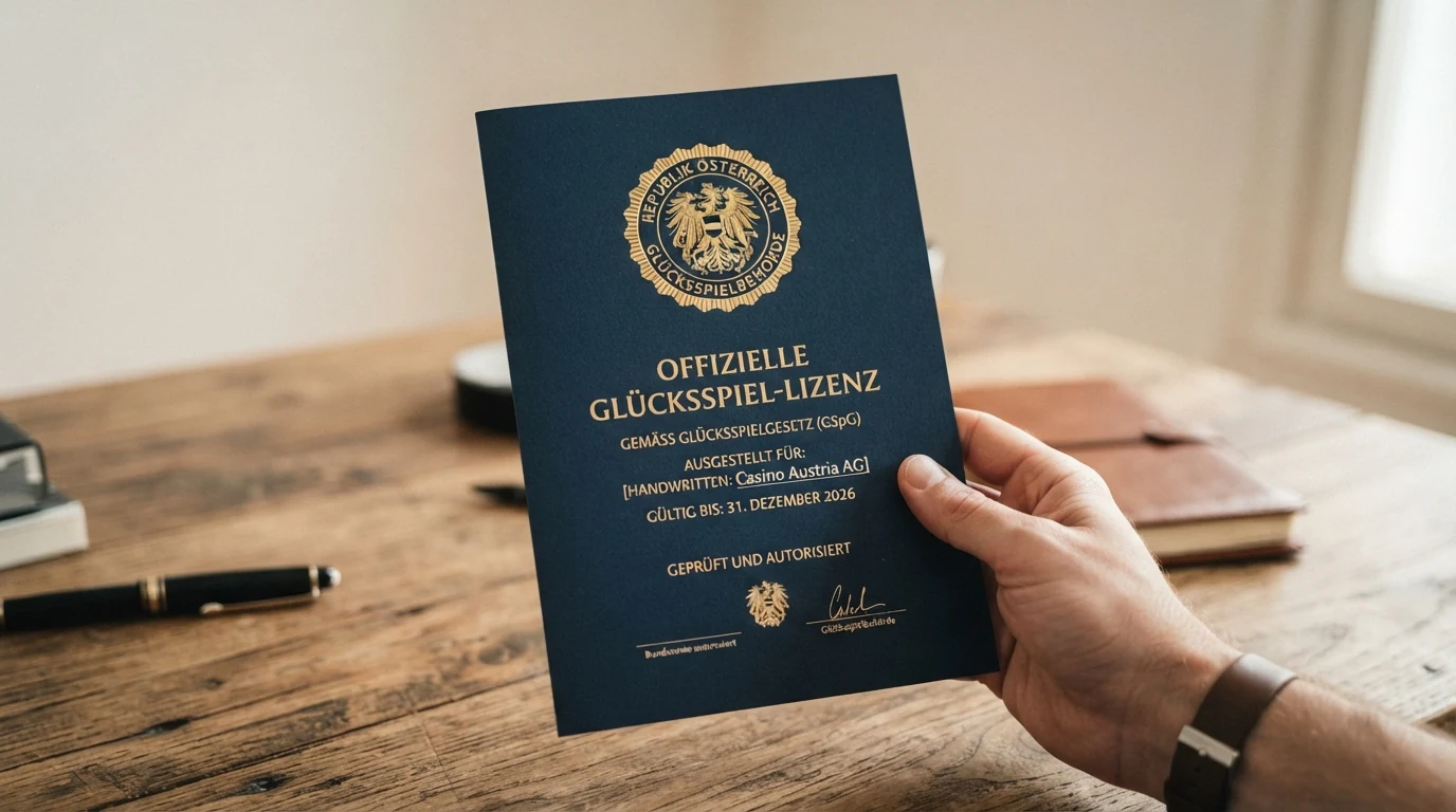 Amtliches Dokument des BMF zur Glücksspielkonzession in Österreich neben EU-Flagge und MGA-Lizenz-Symbol