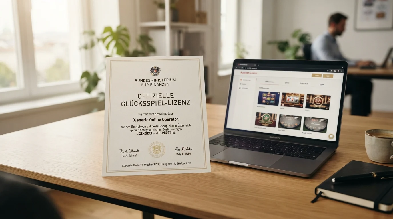 Offizielles Dokument oder Siegel mit Bezug zur österreichischen Glücksspiel-Konzession, etwa das BMF-Logo oder ein stilisiertes Lizenz-Zertifikat neben einer win2day-Startseite